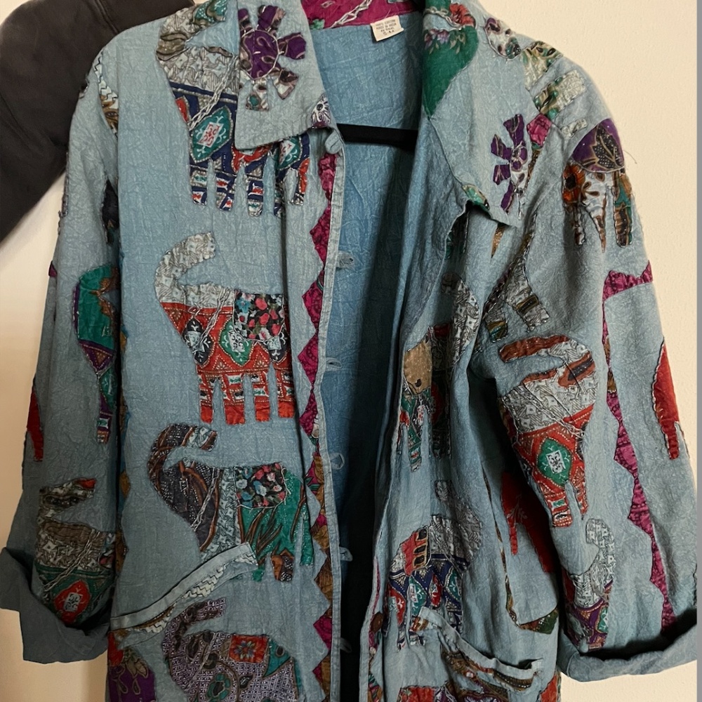 Multicolored Elephant Print Embroidered Blue Jacket